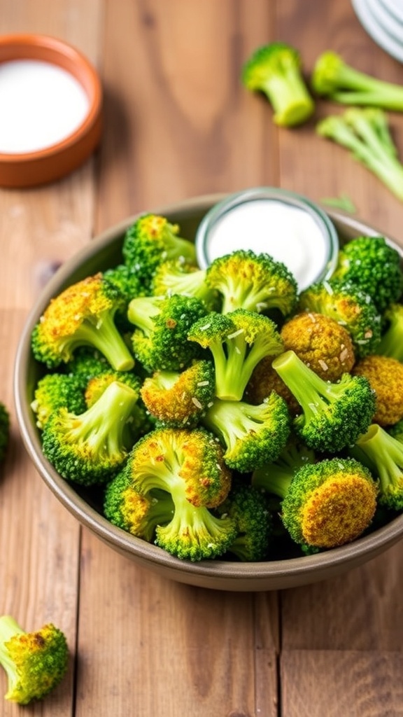Crispy air fryer broccoli with ranch seasoning, garnished with Parmesan cheese, on a rustic table with ranch dressing.